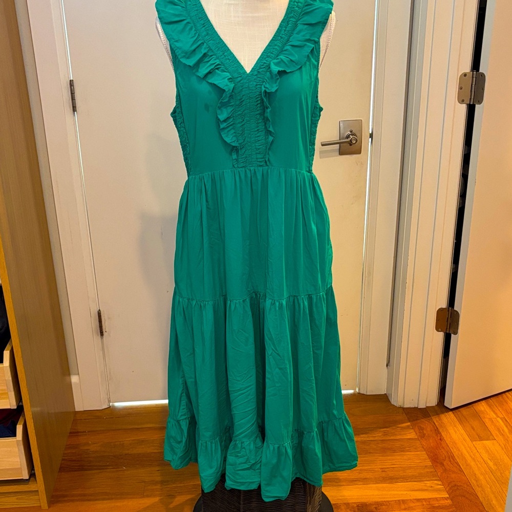 J.Crew Ruffle-Trim Tiered Midi Dress in Emerald Green - Size 12
